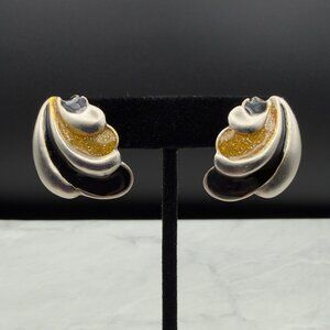 Don-Lin Enamel Rhinestone Clip-On Earrings Crystal Black Goldtone Runway Vintage